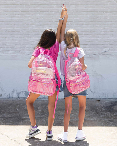 Packed Party pink party confetti pink clear backpack