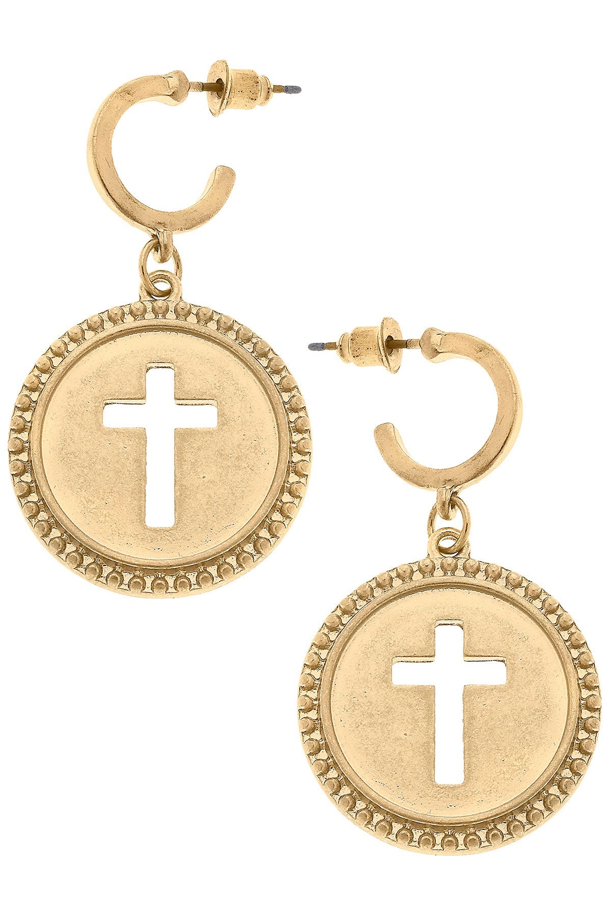 Candace Coin Cross Drop Hoop Earrings in Worn Gold