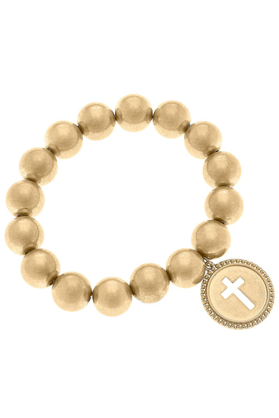 Candace Coin Cross Stretch Bracelet in Worn Gold