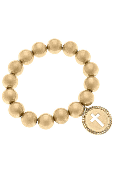 Candace Coin Cross Stretch Bracelet in Worn Gold