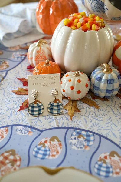 For Pete's Sake Pottery Gingham Pumpkin Earrings in Blue & White