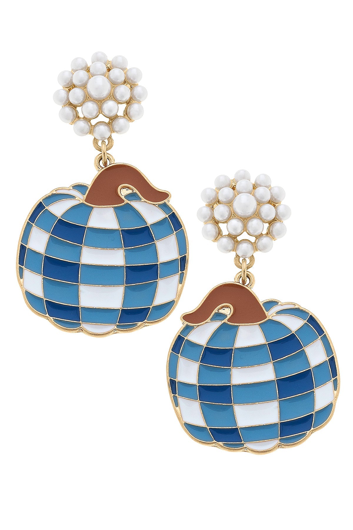 For Pete's Sake Pottery Gingham Pumpkin Earrings in Blue & White