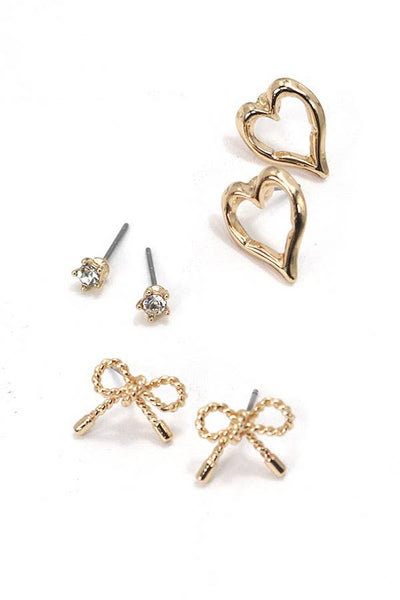 Bow Heart Charm Stud Trio Earrings