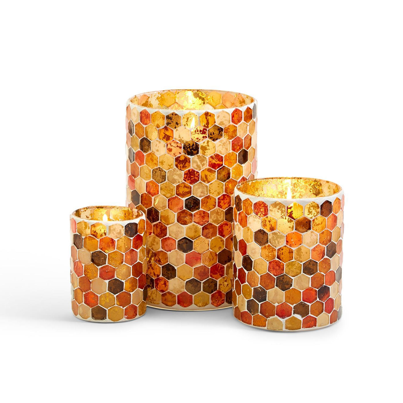 Amber Glow Set of 3 Honeycomb Mosaic Candleholder Includes 3 Sizes - Glass