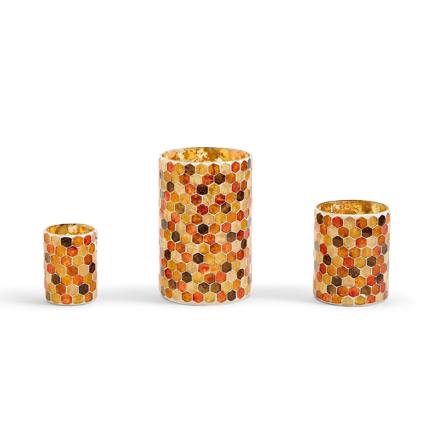 Amber Glow Set of 3 Honeycomb Mosaic Candleholder Includes 3 Sizes - Glass