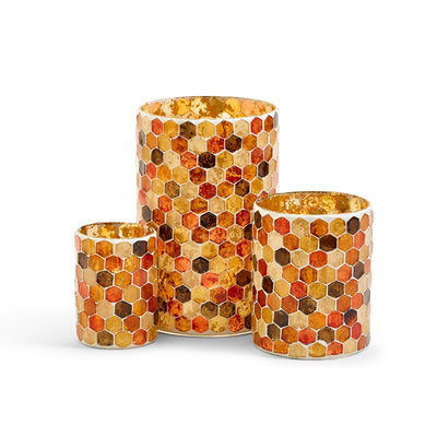 Amber Glow Set of 3 Honeycomb Mosaic Candleholder Includes 3 Sizes - Glass