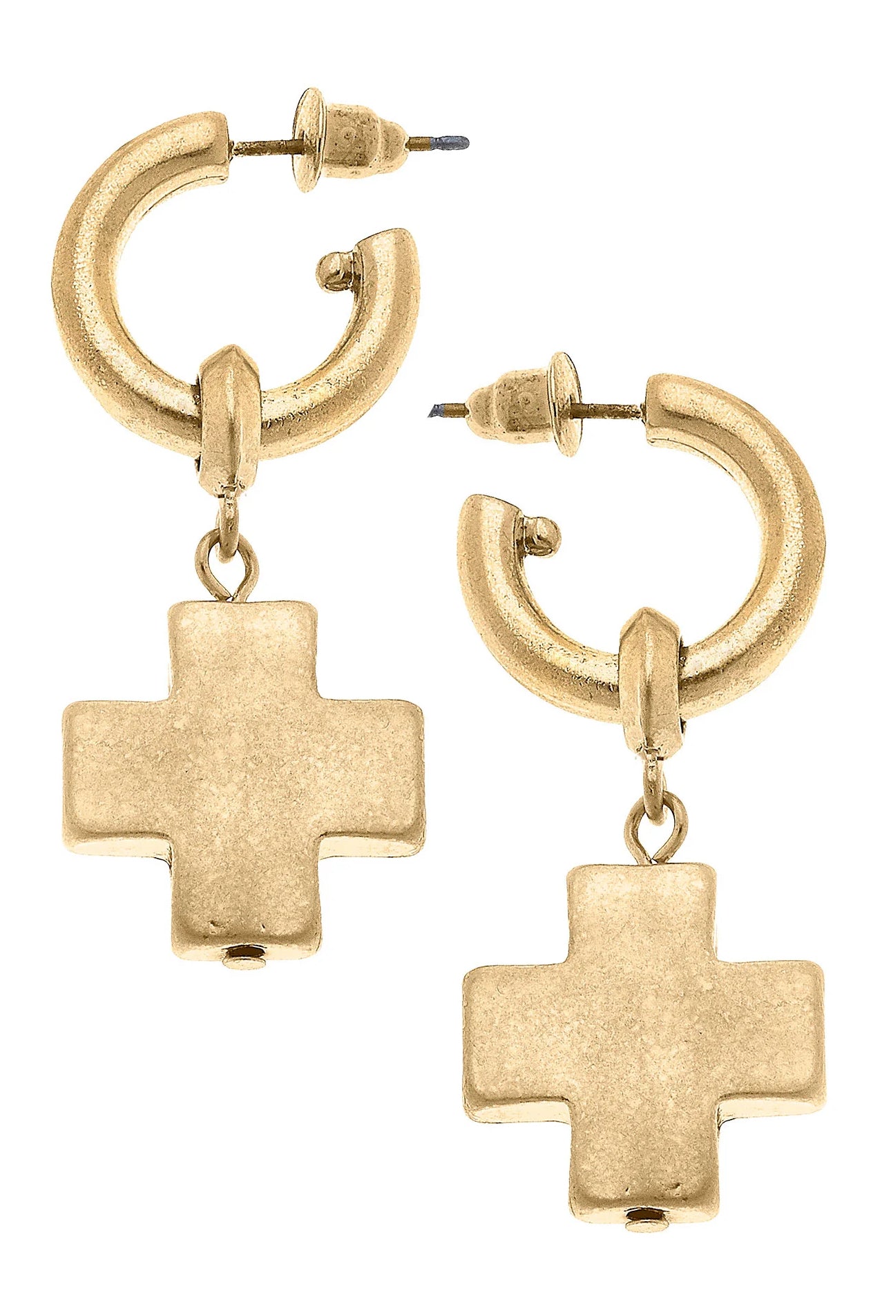 Edith Square Cross Drop Hoop Earrings in Worn Gold