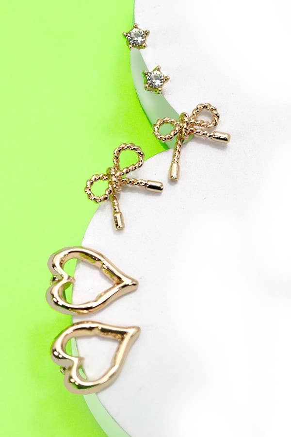 Bow Heart Charm Stud Trio Earrings