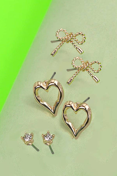 Bow Heart Charm Stud Trio Earrings