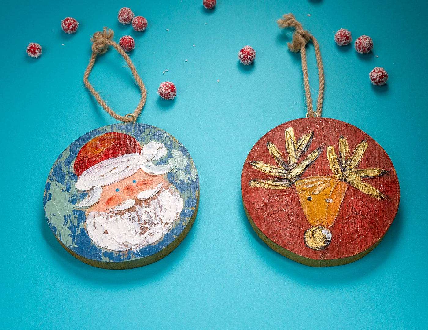 Hand-Painted Santa & Reindeer Ornament