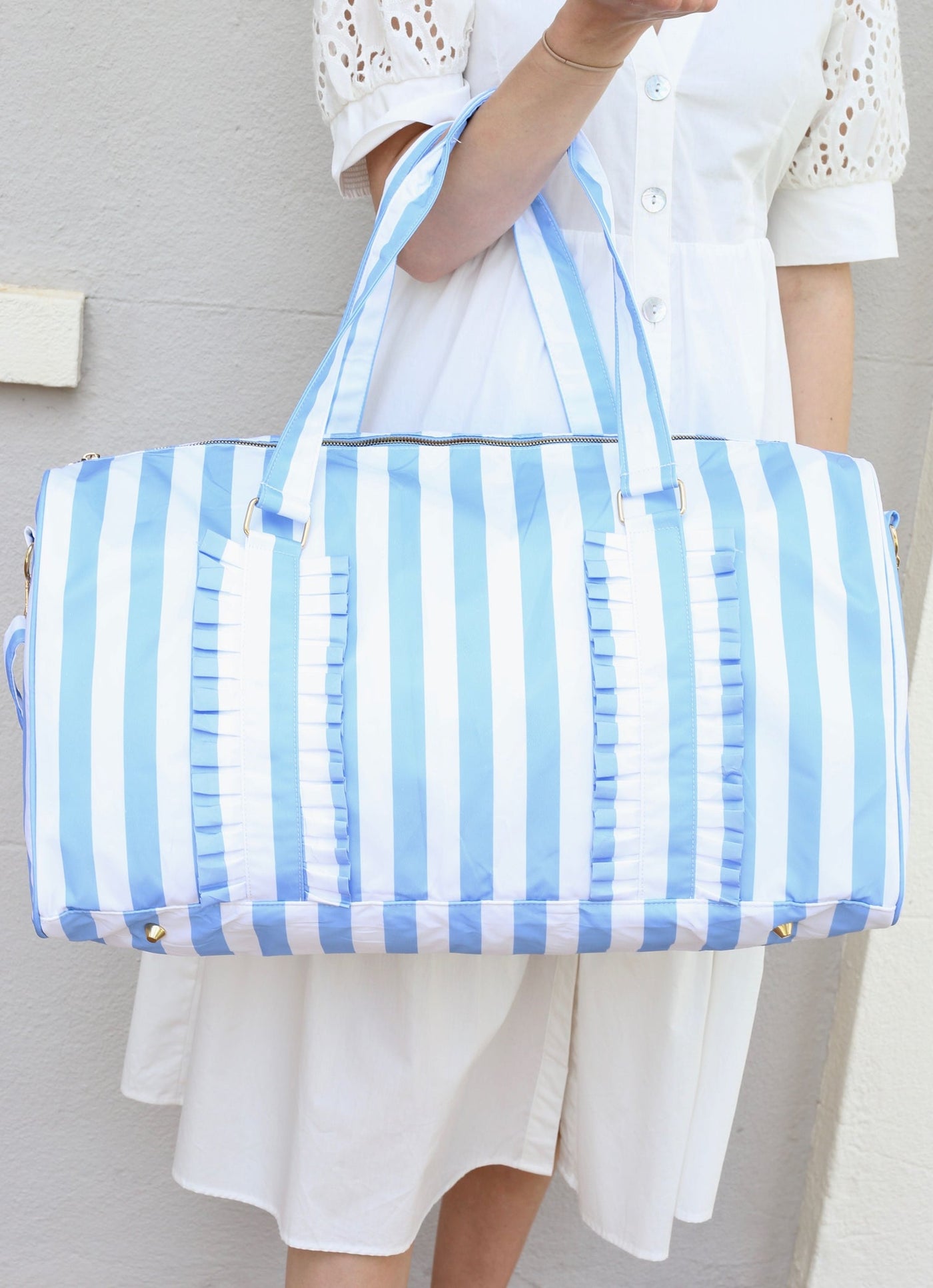 Rylan Blue Striped Duffle with Ruffle