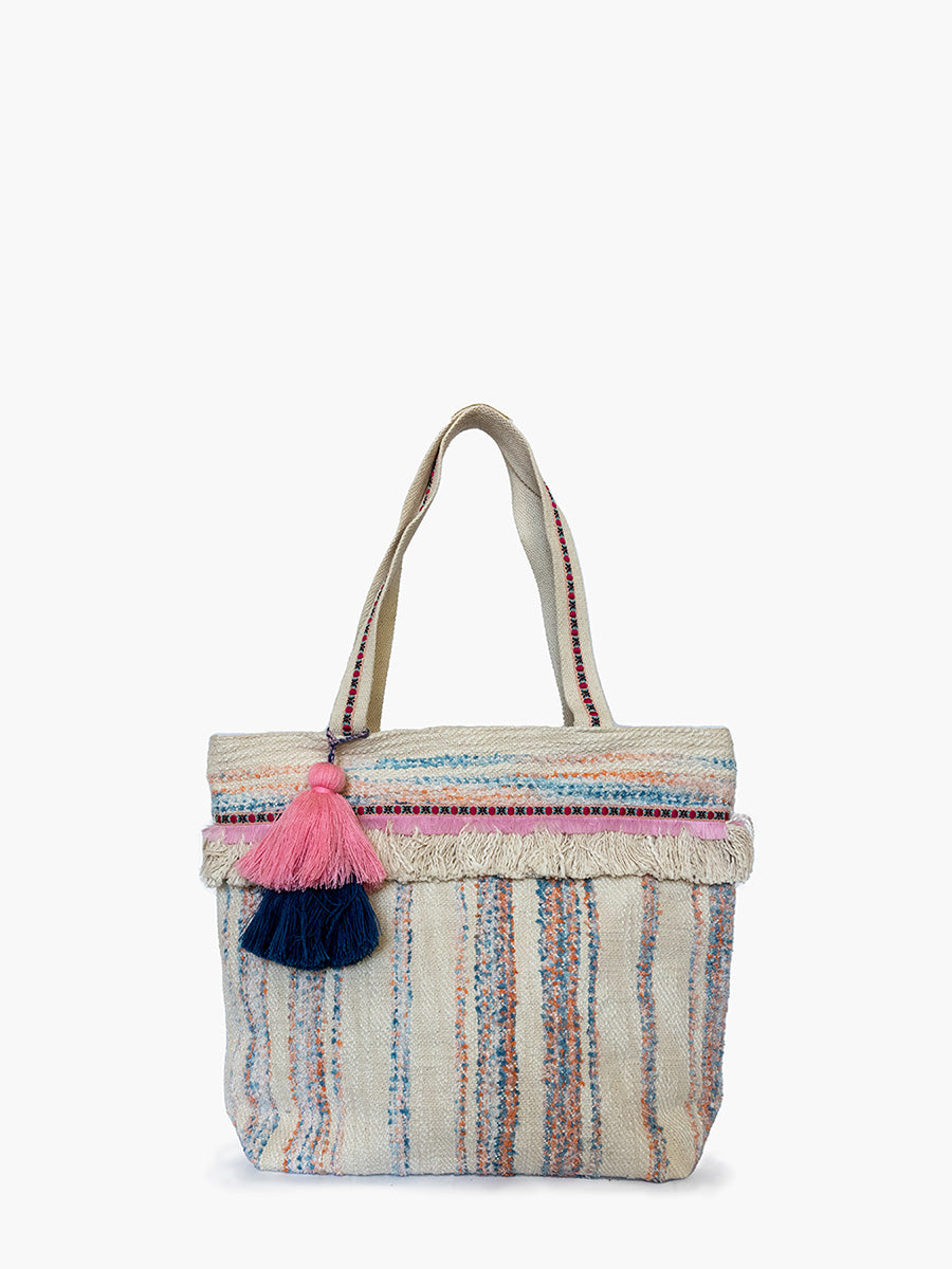 Vivi Striped Cotton Tote with Fringe and Tassels in Blue and Pink