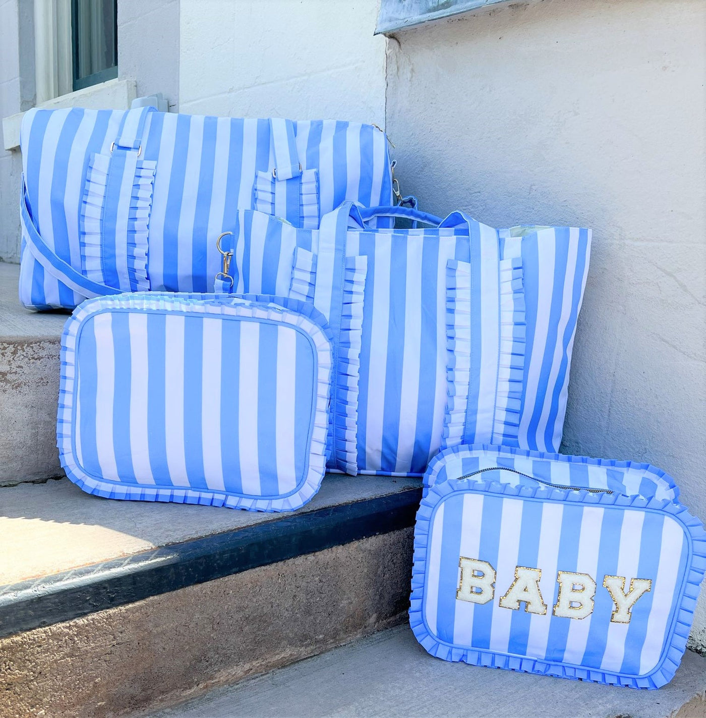 Rylan Blue Striped Duffle with Ruffle