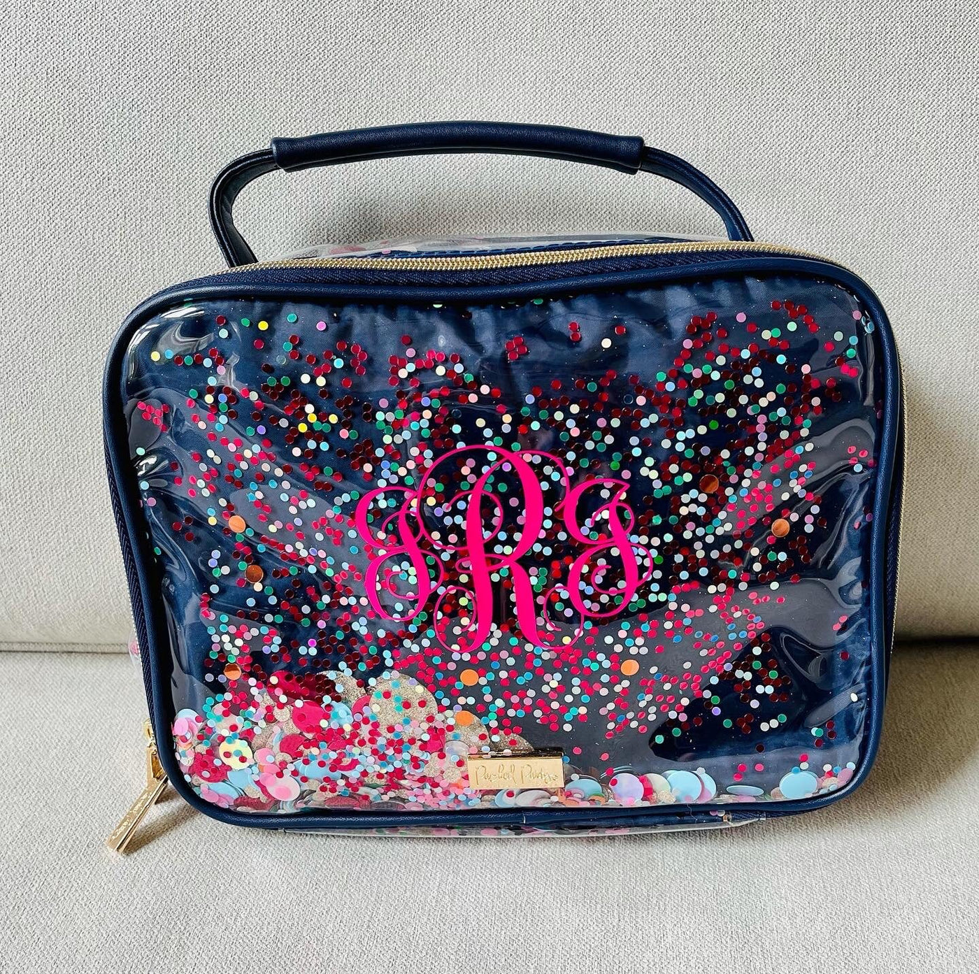 Personalized Essentials Confetti Clear Backpack Trimmed in Navy with Matching Lunchbox