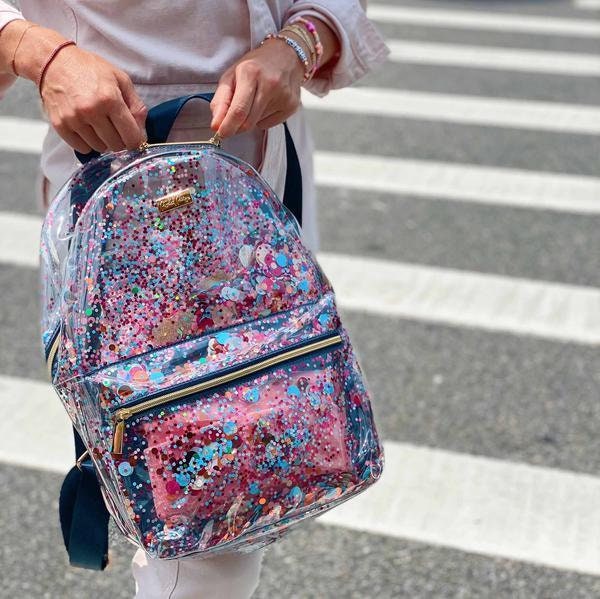 Personalized Essentials Confetti Clear Backpack Trimmed in Navy with Matching Lunchbox