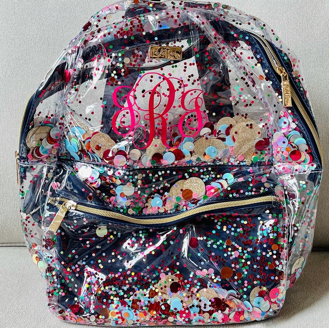 Personalized Essentials Confetti Clear Backpack Trimmed in Navy with Matching Lunchbox